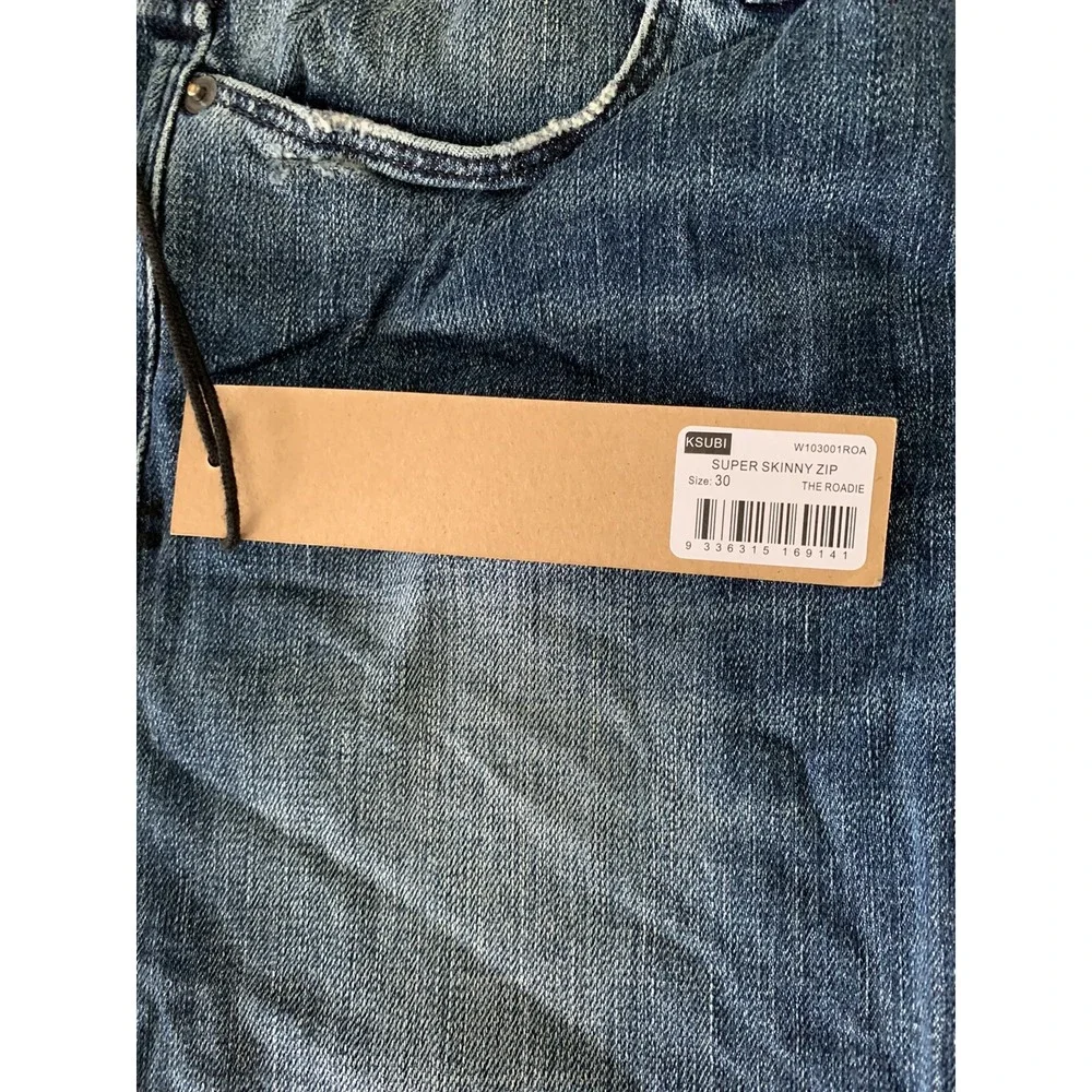 NWT Ksubi Super Skinny Ankle Zip Roadie Blue Distressed Jeans size 30